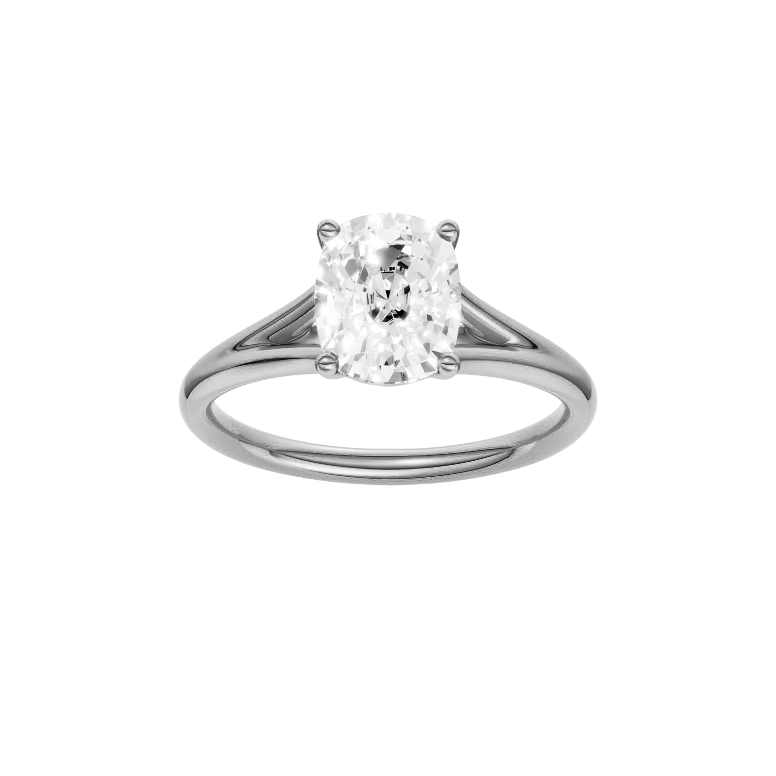 Elongated cushion-cut diamond engagement ring with a plain band and solitaire setting.