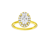 Oval-cut diamond engagement ring with a plain band and halo setting.