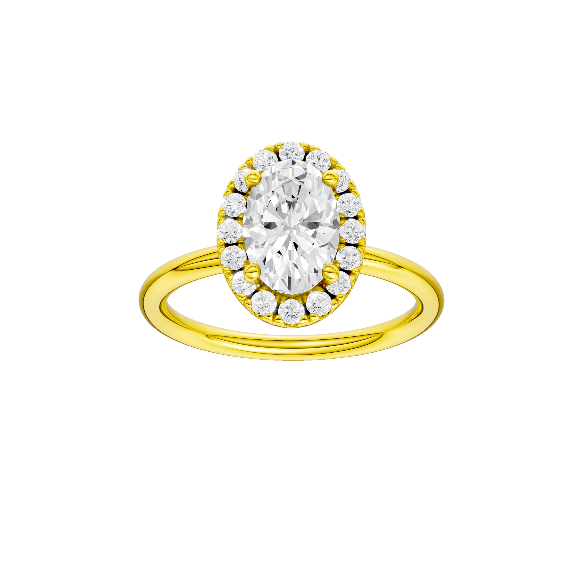 Oval-cut diamond engagement ring with a plain band and halo setting.