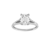 Emerald-cut diamond engagement ring with a prong-set diamond band and hidden-halo setting.