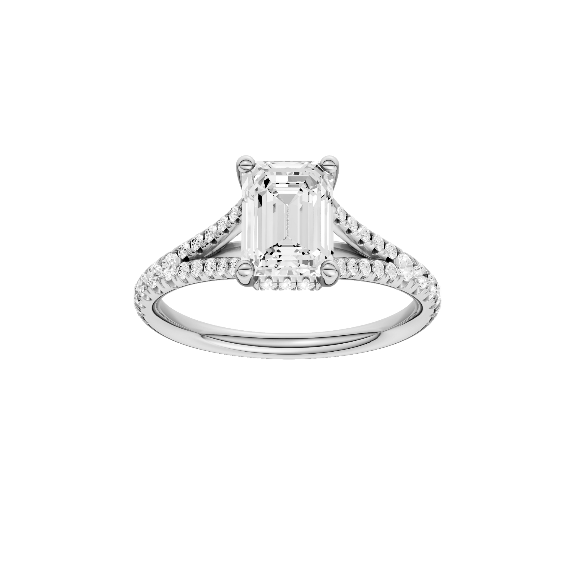 Emerald-cut diamond engagement ring with a prong-set diamond band and hidden-halo setting.