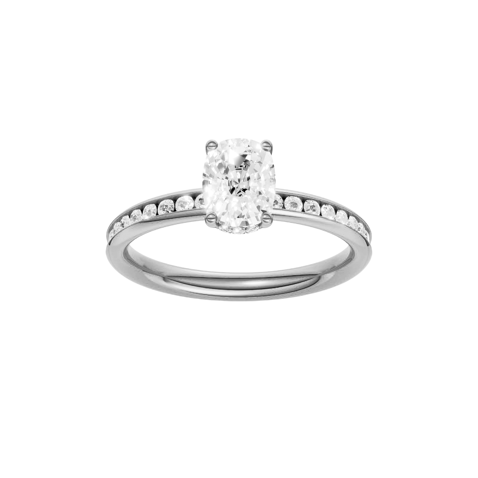Elongated cushion-cut diamond engagement ring with a channel-set diamond band and hidden-halo setting.