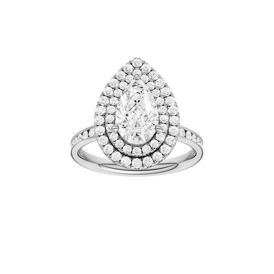 Pear-cut diamond engagement ring with a channel-set diamond band and double-halo setting.