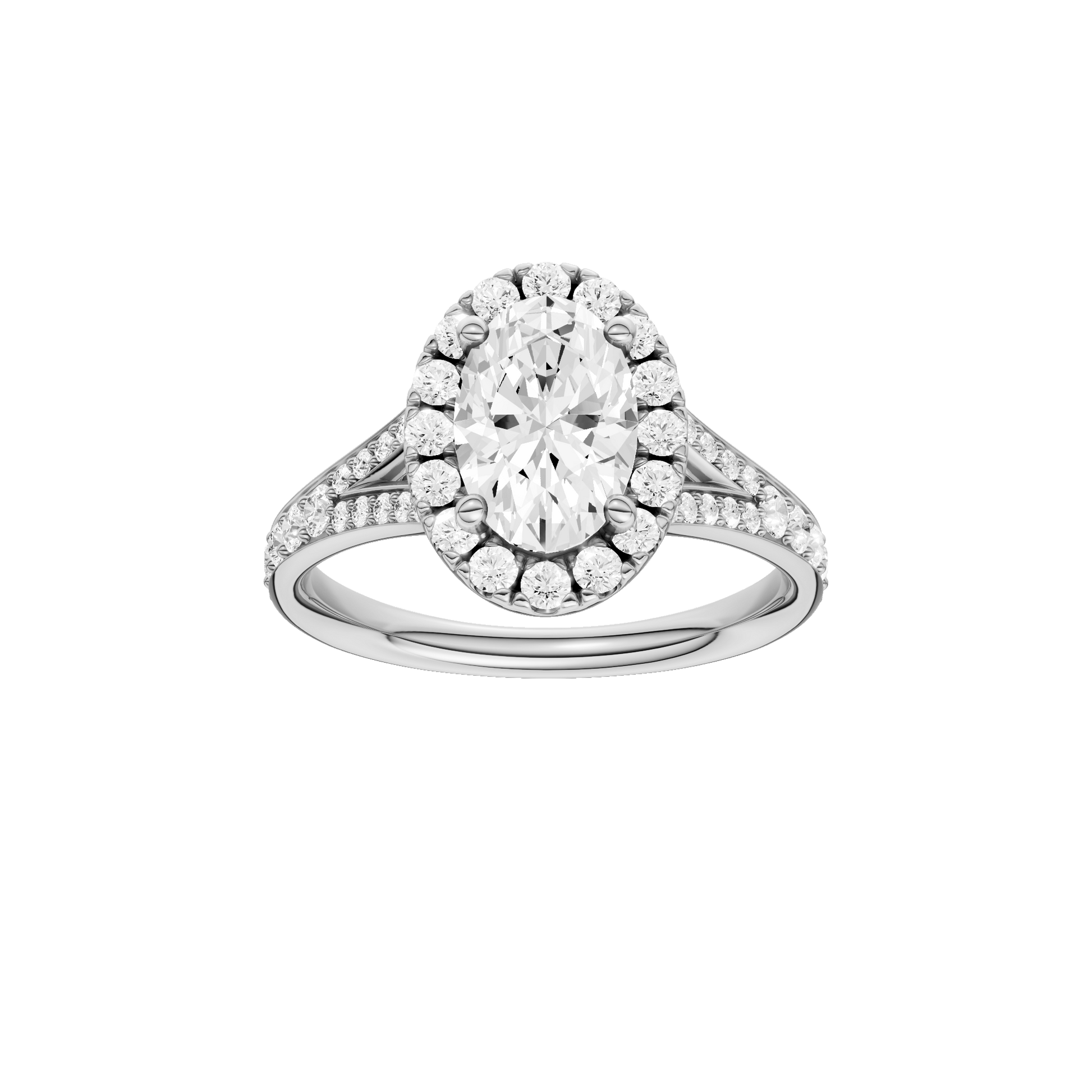 Oval-cut diamond engagement ring with a channel-set diamond band and halo setting.