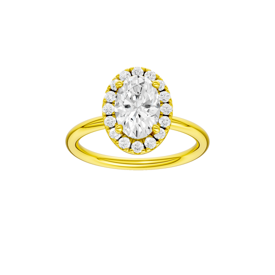 Oval-cut diamond engagement ring with a plain band and halo setting.