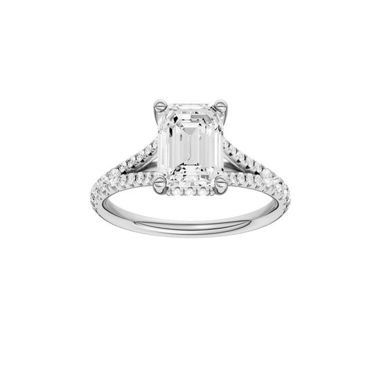 Emerald-cut diamond engagement ring with a prong-set diamond band and hidden-halo setting.