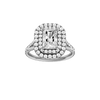 Radiant-cut diamond engagement ring with a prong-set diamond band and double-halo setting.