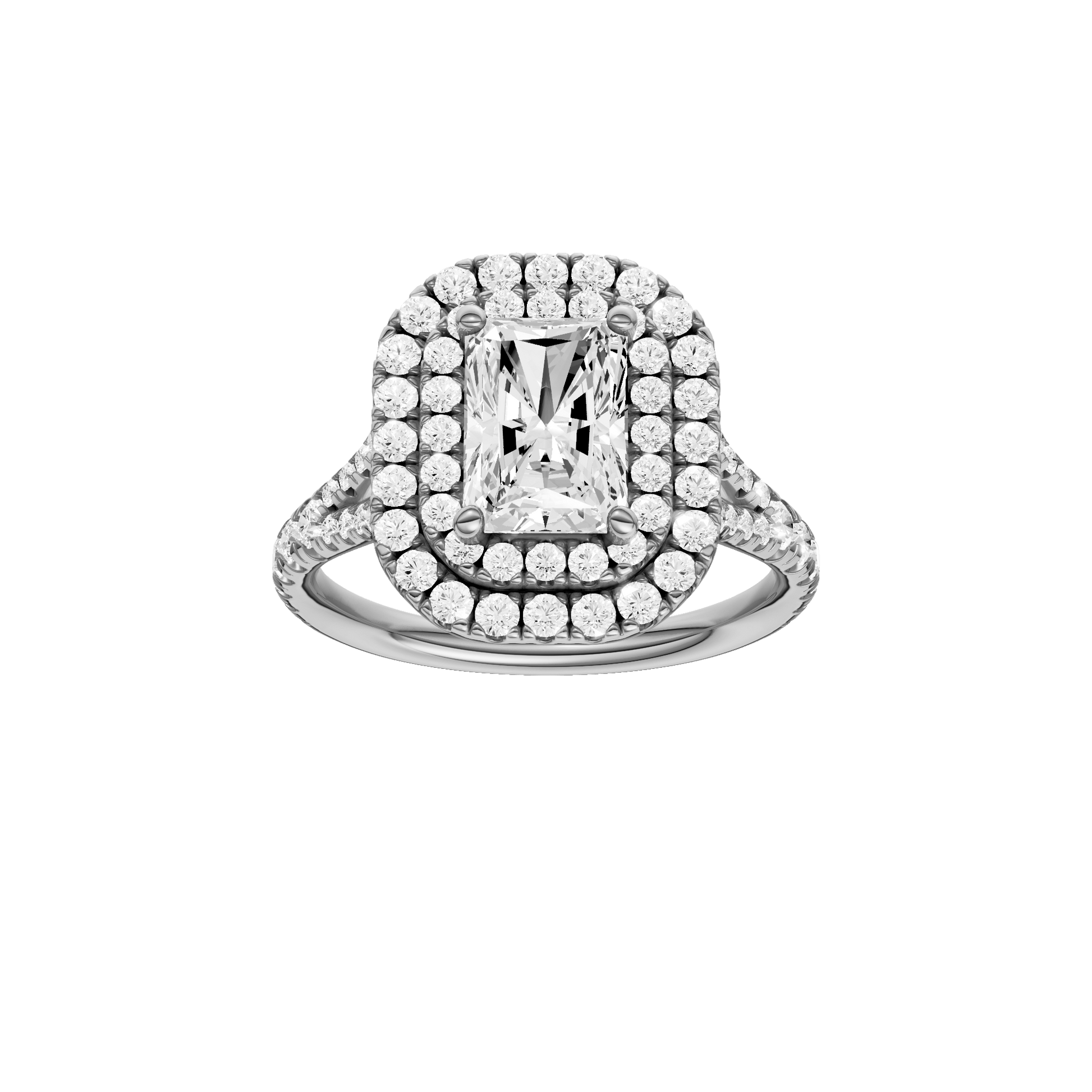 Radiant-cut diamond engagement ring with a prong-set diamond band and double-halo setting.