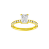 Emerald-cut diamond engagement ring with a channel-set diamond band and solitaire setting.