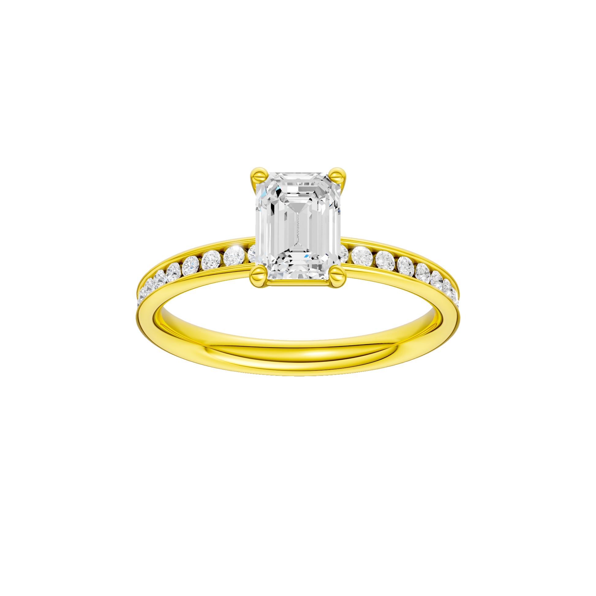 Emerald-cut diamond engagement ring with a channel-set diamond band and solitaire setting.