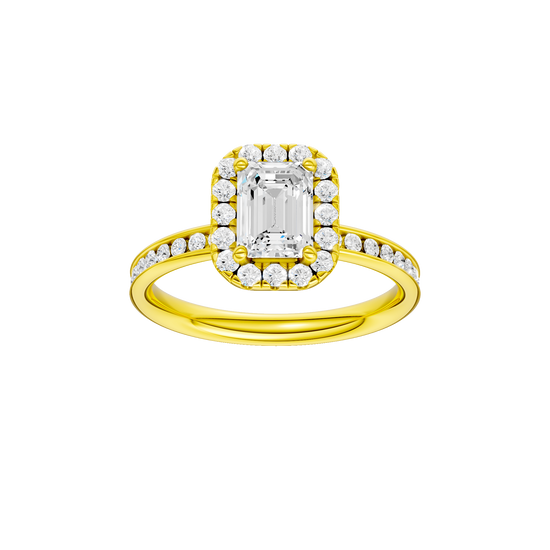 Emerald-cut diamond engagement ring with a channel-set diamond band and halo setting.