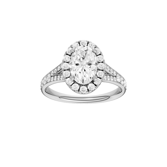 Oval-cut diamond engagement ring with a channel-set diamond band and halo setting.
