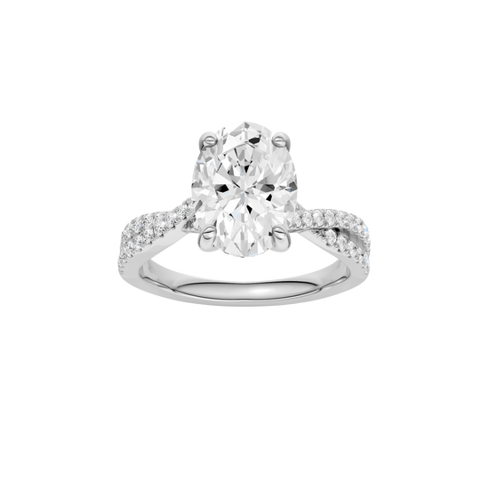 Oval-cut diamond engagement ring in 14k white gold with a prong-set diamond band and twist setting