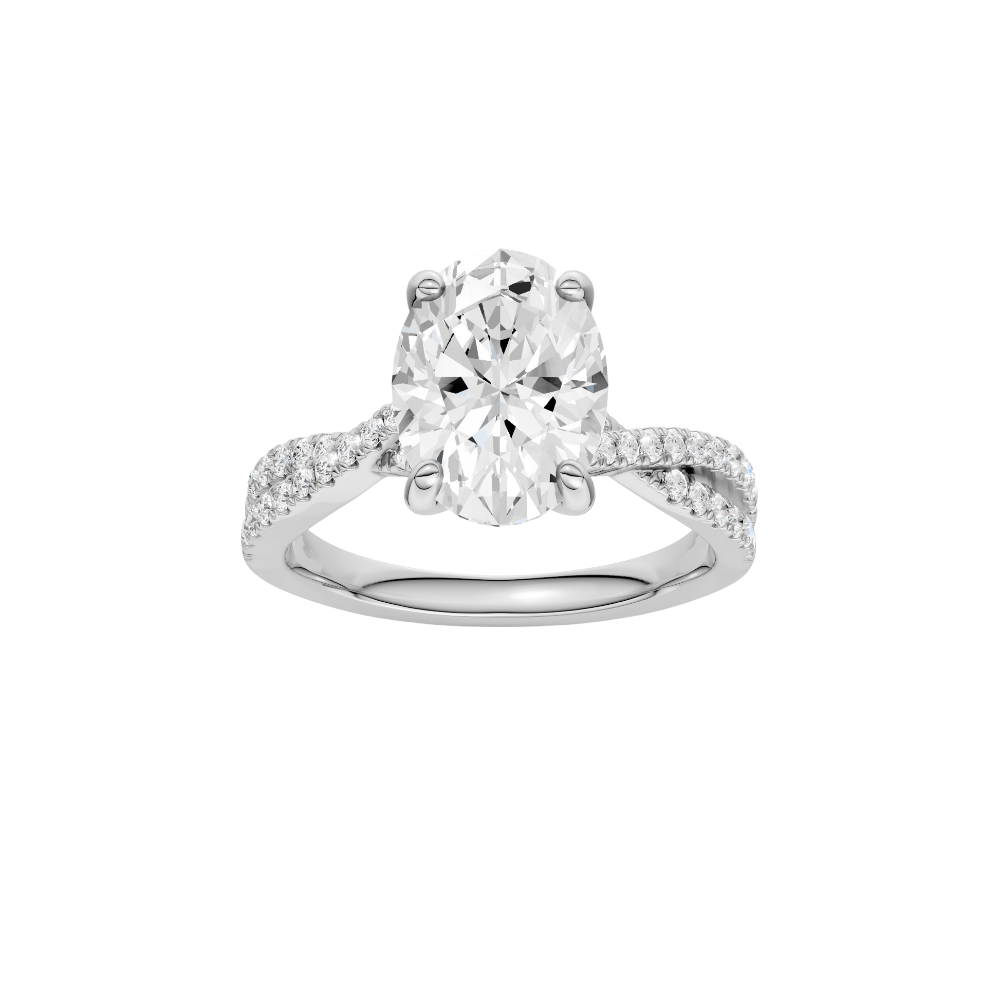 Oval-cut diamond engagement ring in 14k white gold with a prong-set diamond band and twist setting