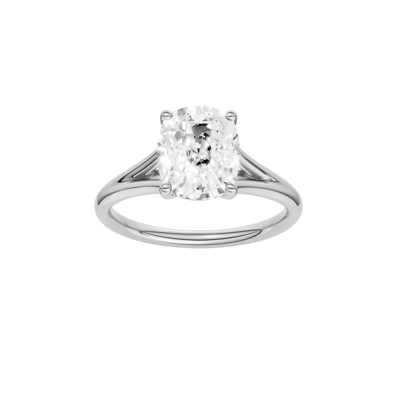Elongated cushion-cut diamond engagement ring with a plain band and solitaire setting.