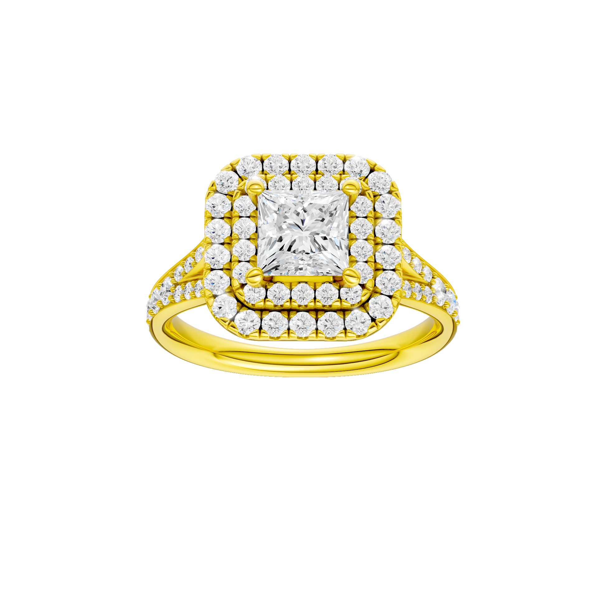 Princess-cut diamond engagement ring with a channel-set diamond band and double-halo setting.