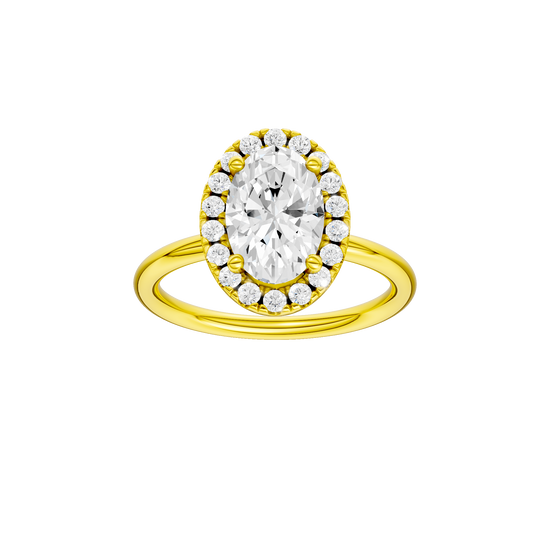 Oval-cut diamond engagement ring with a plain band and halo setting.