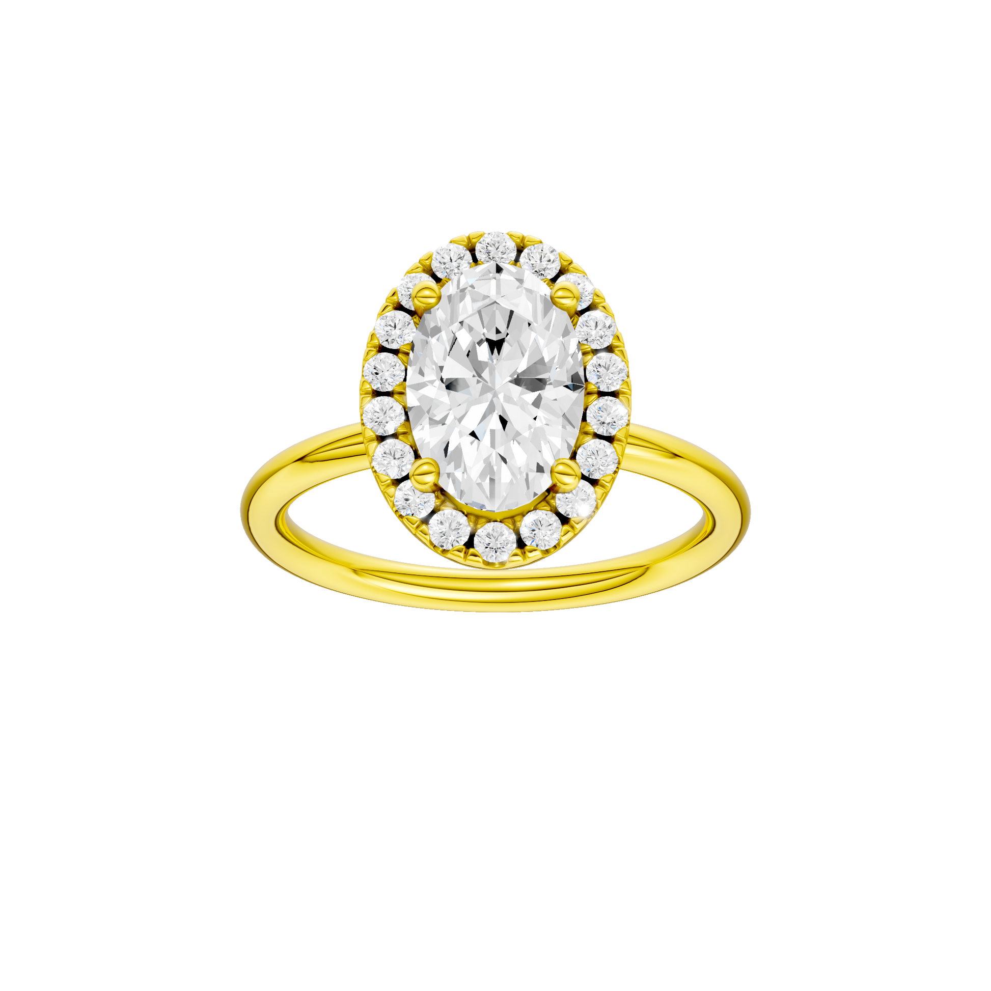 Oval-cut diamond engagement ring with a plain band and halo setting.
