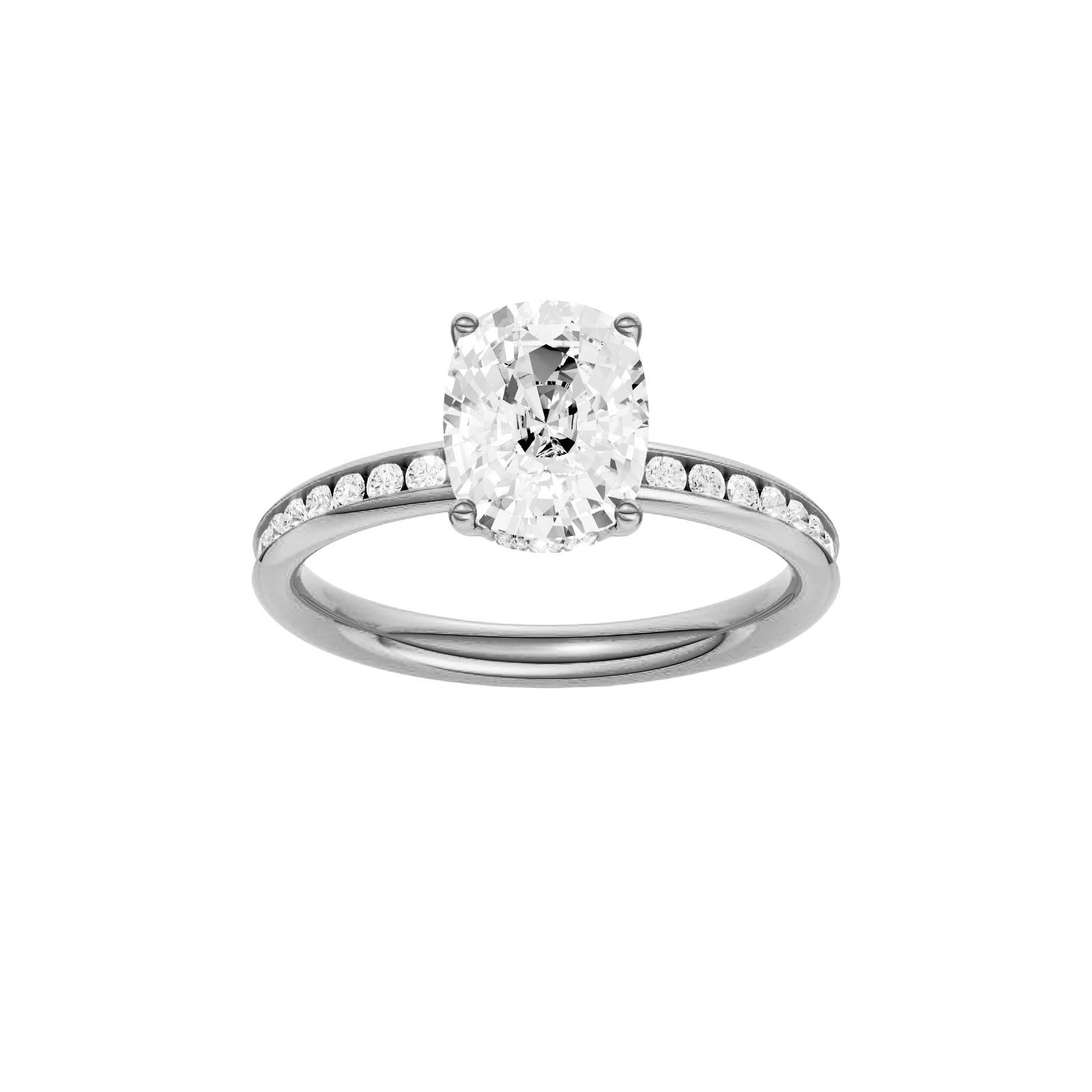 Elongated cushion-cut diamond engagement ring with a channel-set diamond band and hidden-halo setting.