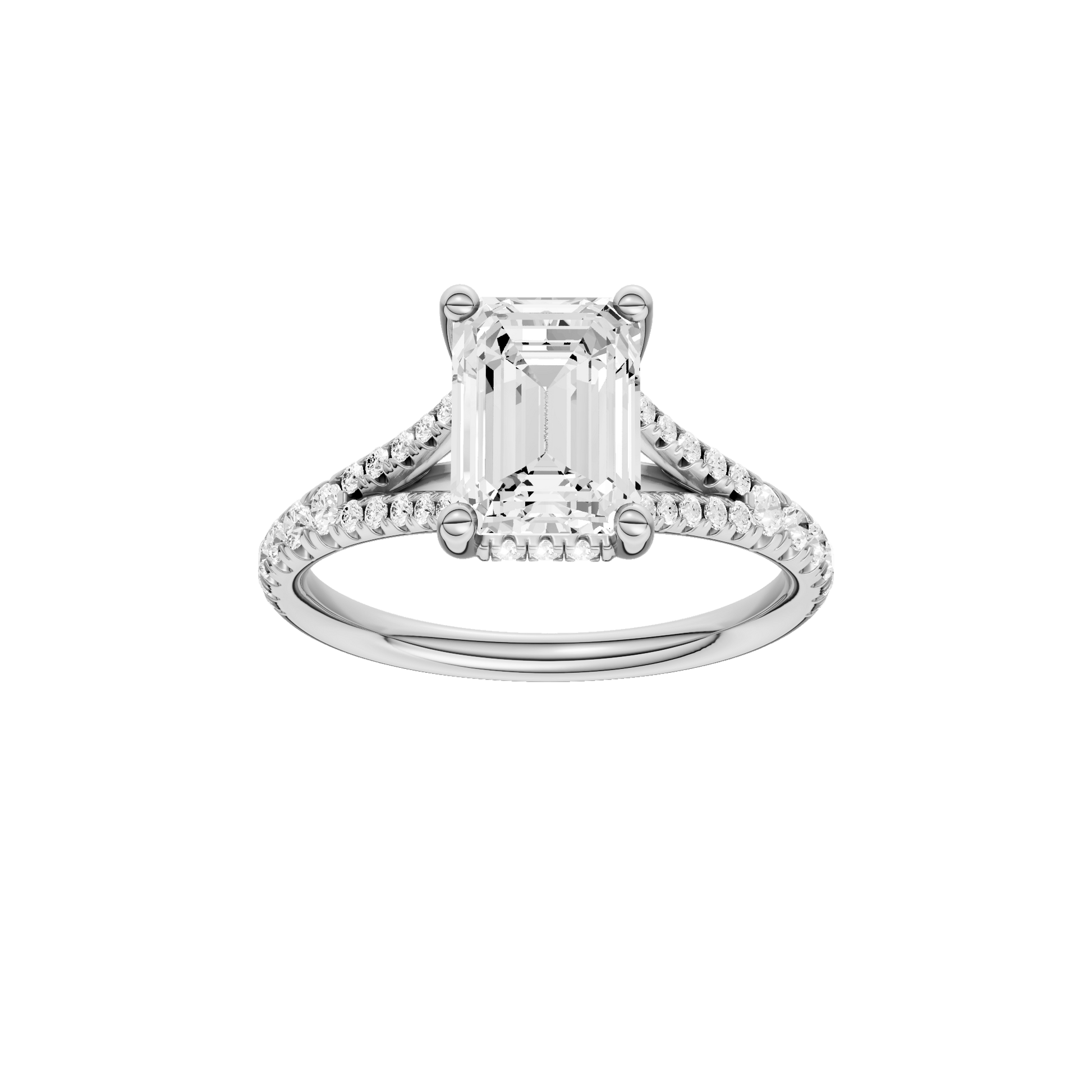 Emerald-cut diamond engagement ring with a prong-set diamond band and hidden-halo setting.