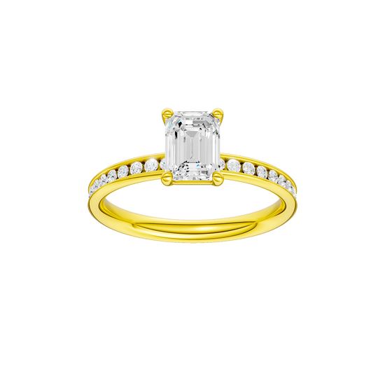 Emerald-cut diamond engagement ring with a channel-set diamond band and solitaire setting.