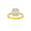 Emerald-cut diamond engagement ring with a channel-set diamond band and halo setting.