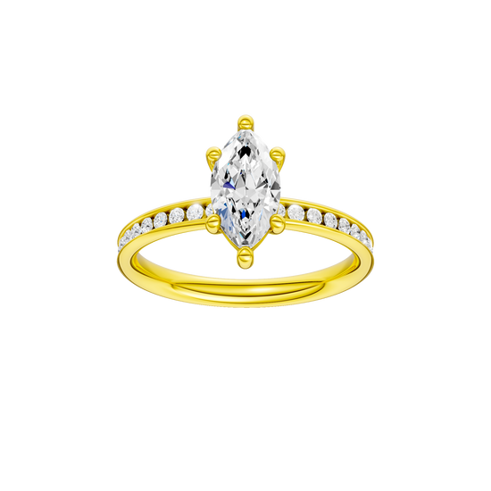 Marquise-cut diamond engagement ring with a channel-set diamond band and solitaire setting.