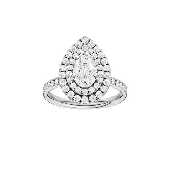 Pear-cut diamond engagement ring with a channel-set diamond band and double-halo setting.