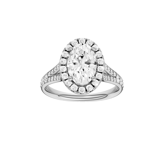 Oval-cut diamond engagement ring with a channel-set diamond band and halo setting.