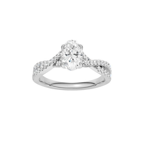 Oval-cut diamond engagement ring in 14k white gold with a prong-set diamond band and twist setting