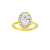 Oval-cut diamond engagement ring with a plain band and halo setting.