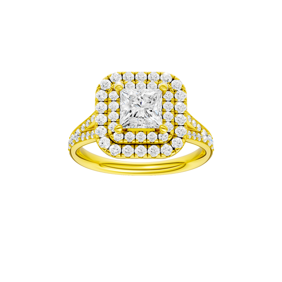 Princess-cut diamond engagement ring with a channel-set diamond band and double-halo setting.
