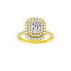 Radiant-cut diamond engagement ring with a prong-set diamond band and double-halo setting.