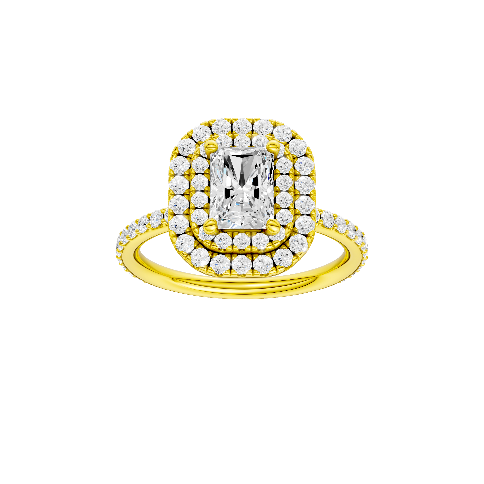 Radiant-cut diamond engagement ring with a prong-set diamond band and double-halo setting.