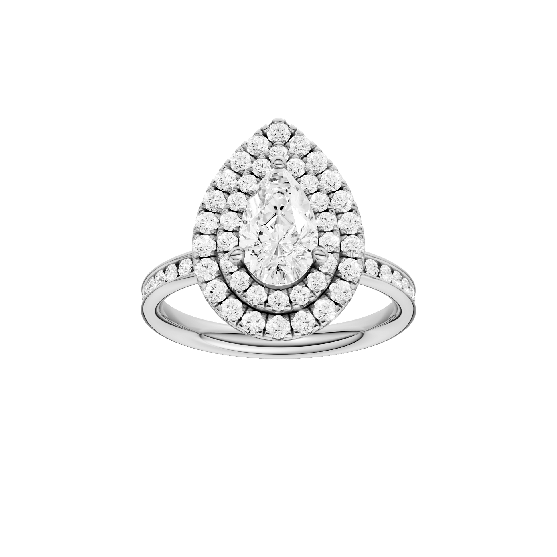 Pear-cut diamond engagement ring with a channel-set diamond band and double-halo setting.