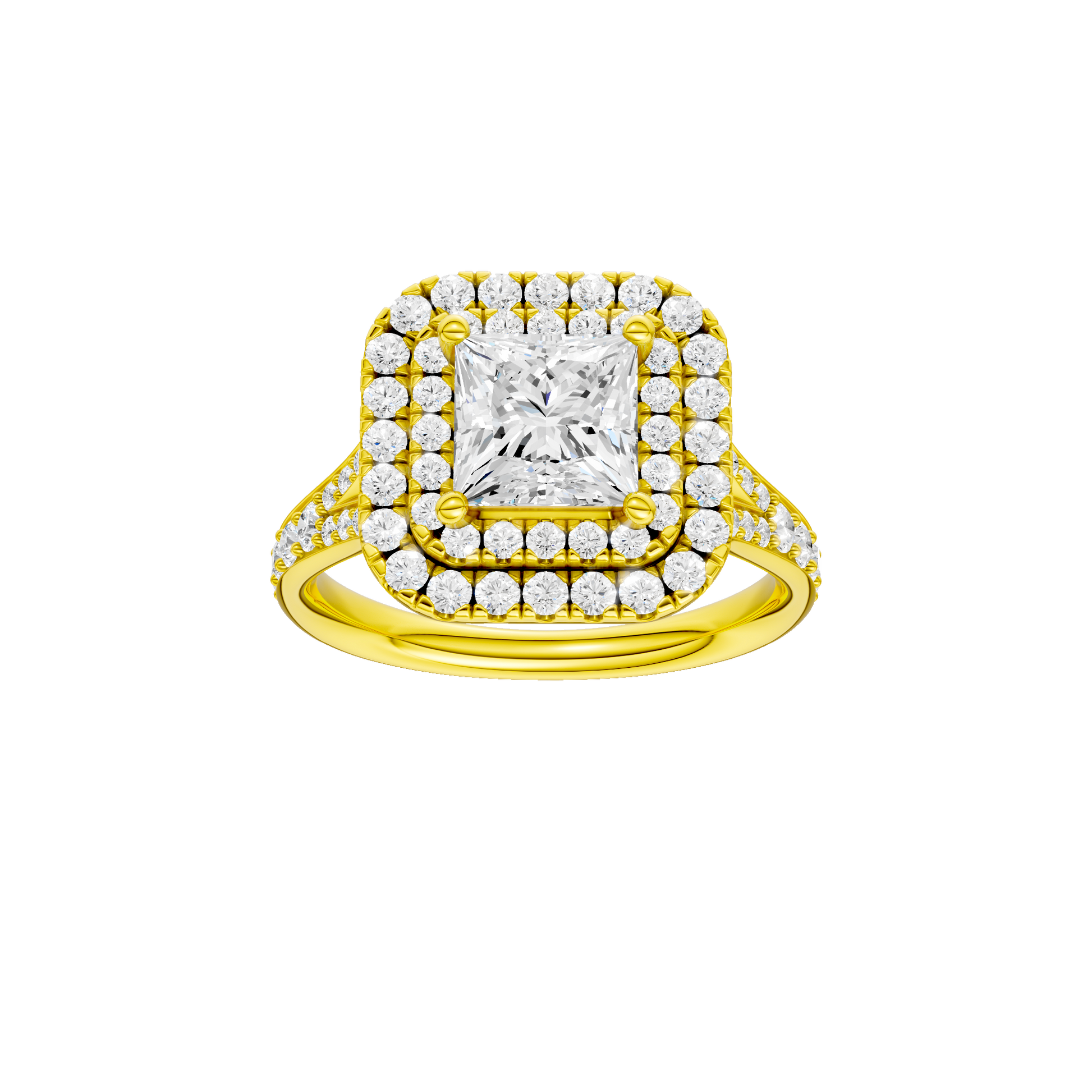 Princess-cut diamond engagement ring with a channel-set diamond band and double-halo setting.