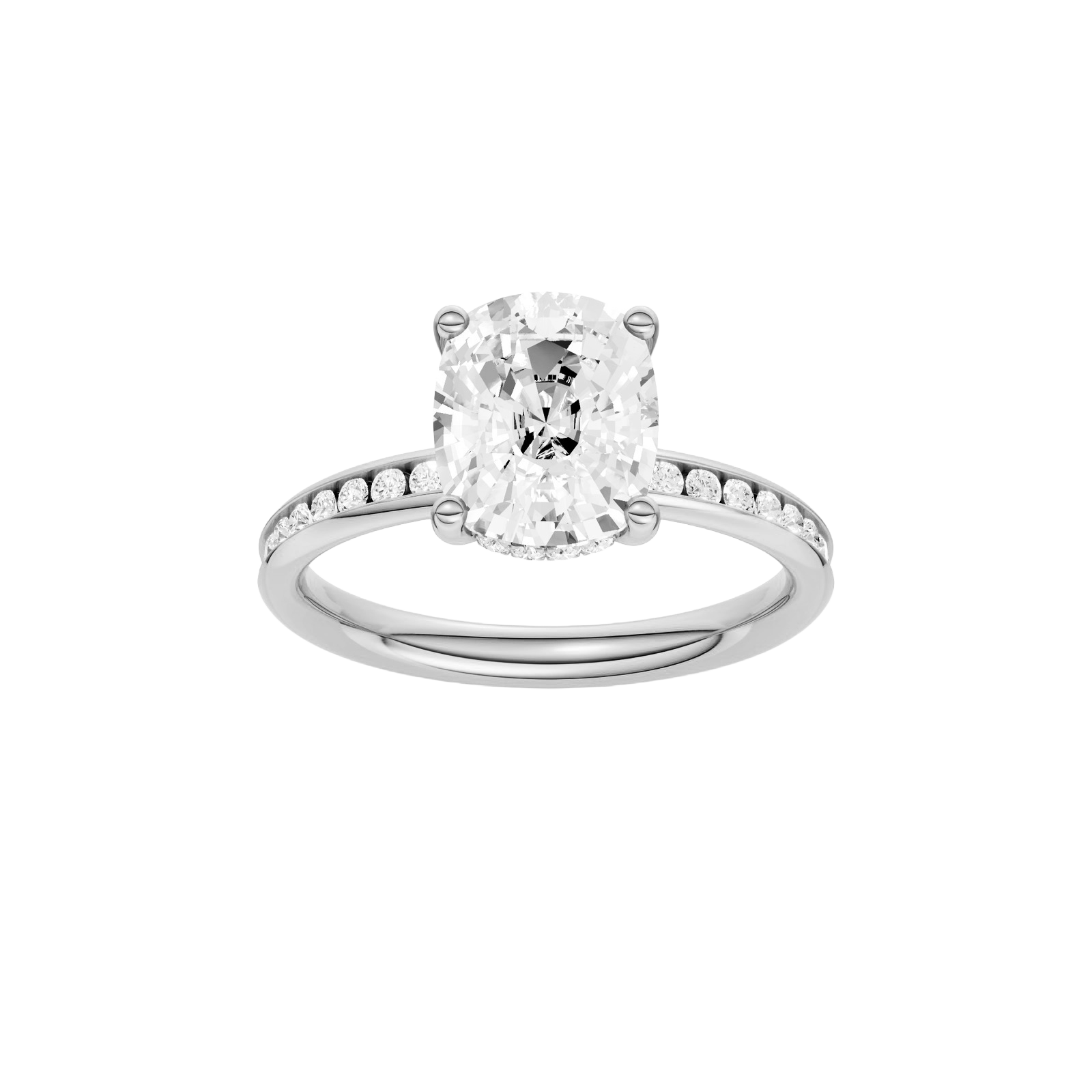 Elongated cushion-cut diamond engagement ring with a channel-set diamond band and hidden-halo setting.