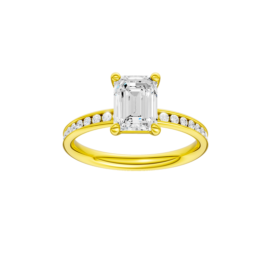 Emerald-cut diamond engagement ring with a channel-set diamond band and solitaire setting.