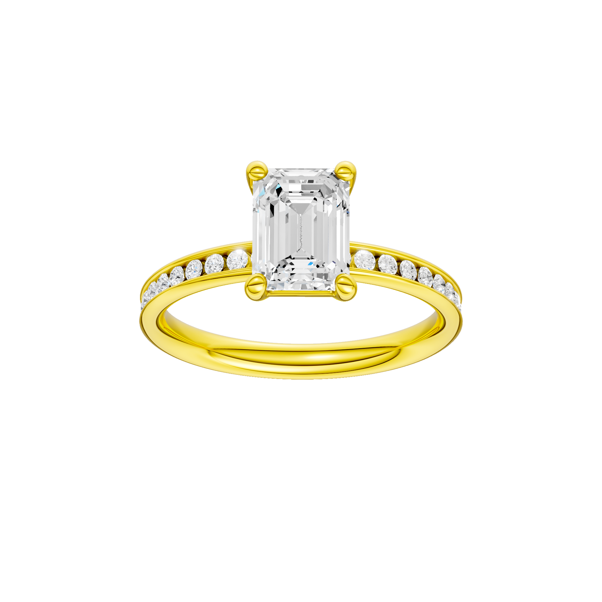 Emerald-cut diamond engagement ring with a channel-set diamond band and solitaire setting.