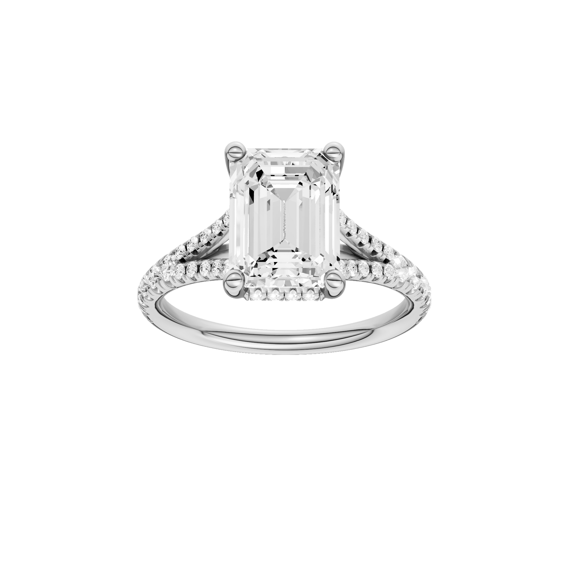 Emerald-cut diamond engagement ring with a prong-set diamond band and hidden-halo setting.