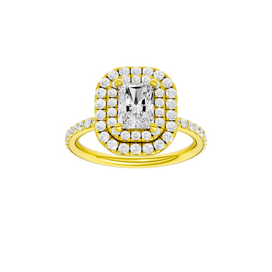 Radiant-cut diamond engagement ring with a prong-set diamond band and double-halo setting.