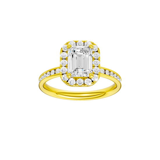Emerald-cut diamond engagement ring with a channel-set diamond band and halo setting.