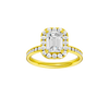 Emerald-cut diamond engagement ring with a channel-set diamond band and halo setting.