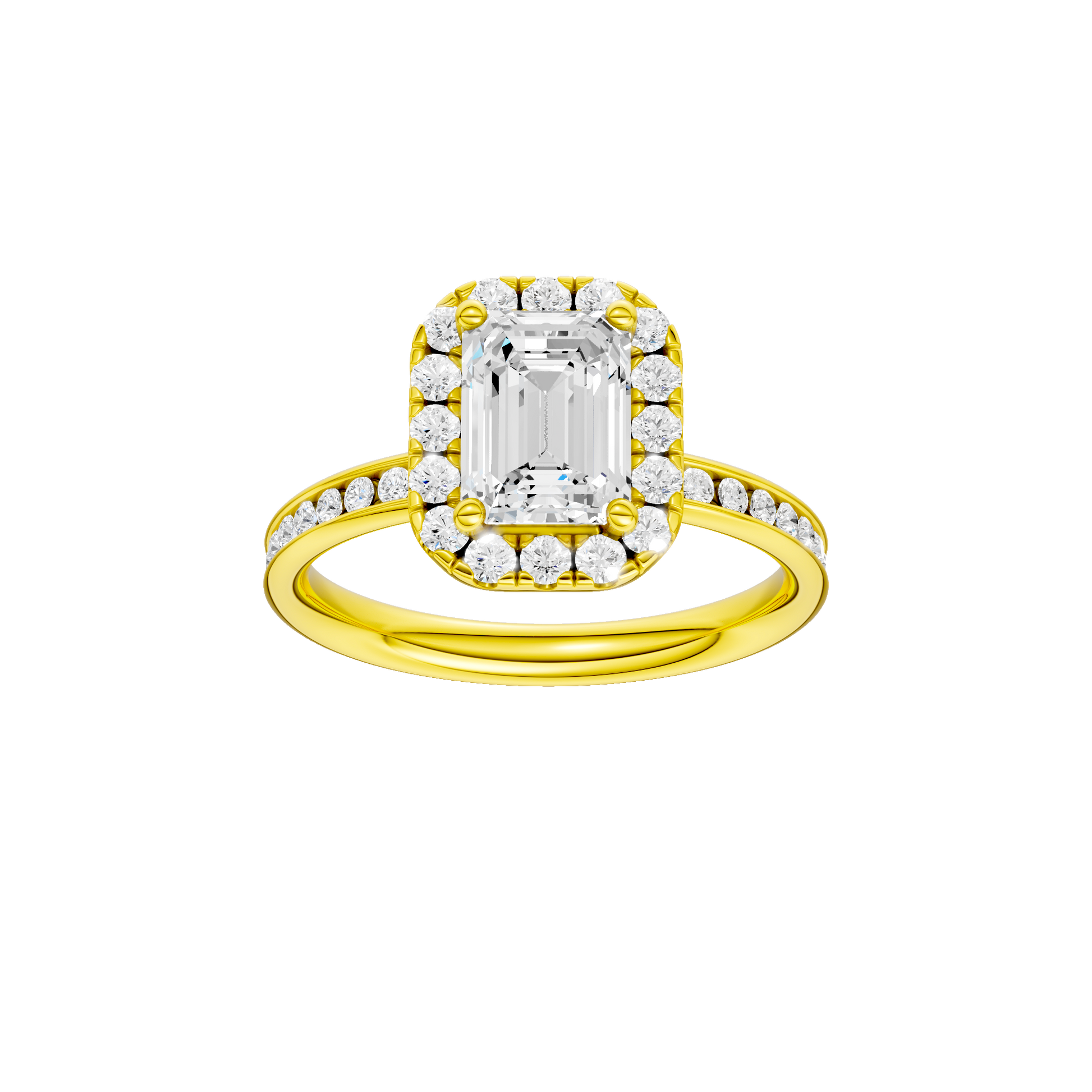 Emerald-cut diamond engagement ring with a channel-set diamond band and halo setting.