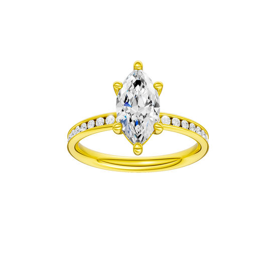 Marquise-cut diamond engagement ring with a channel-set diamond band and solitaire setting.