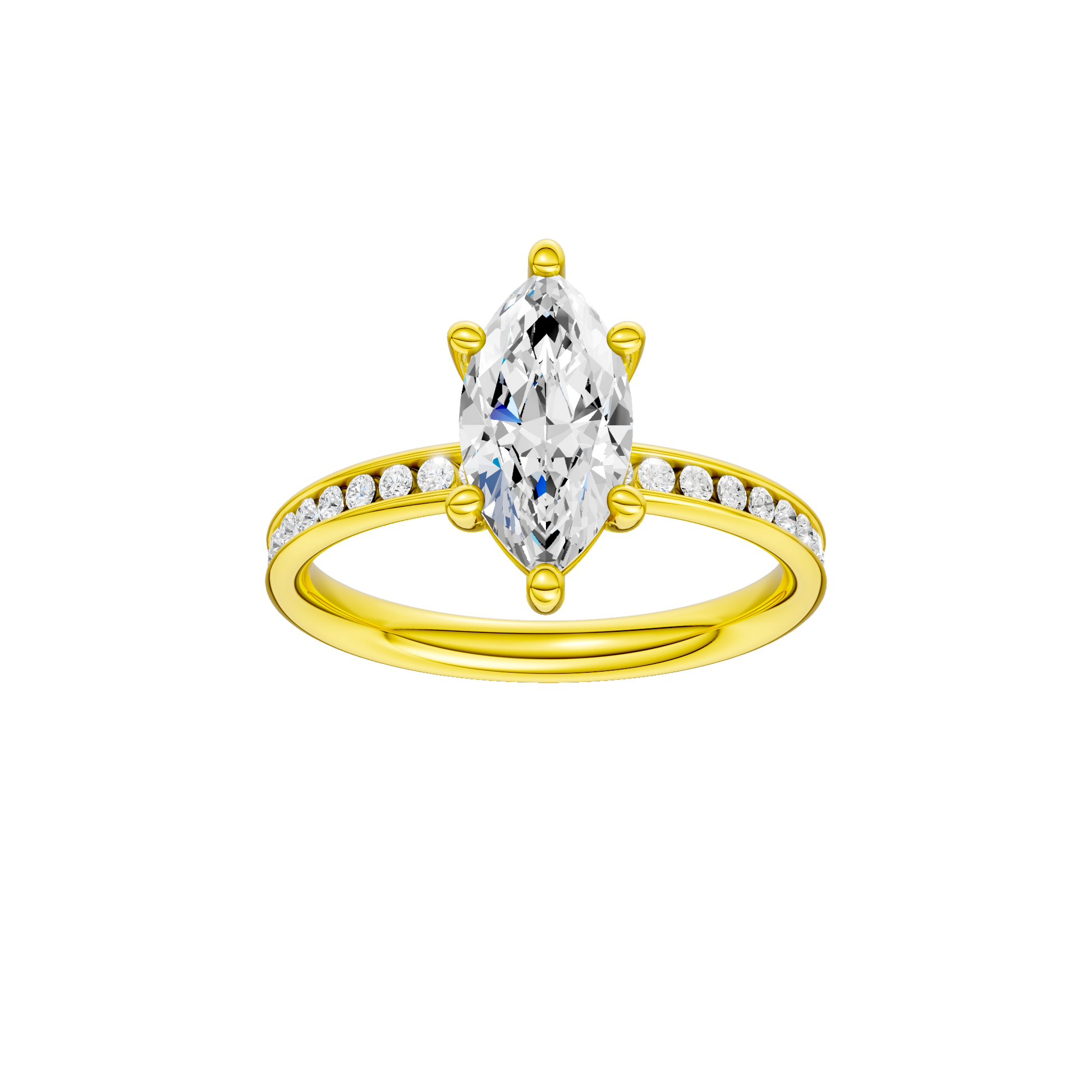 Marquise-cut diamond engagement ring with a channel-set diamond band and solitaire setting.