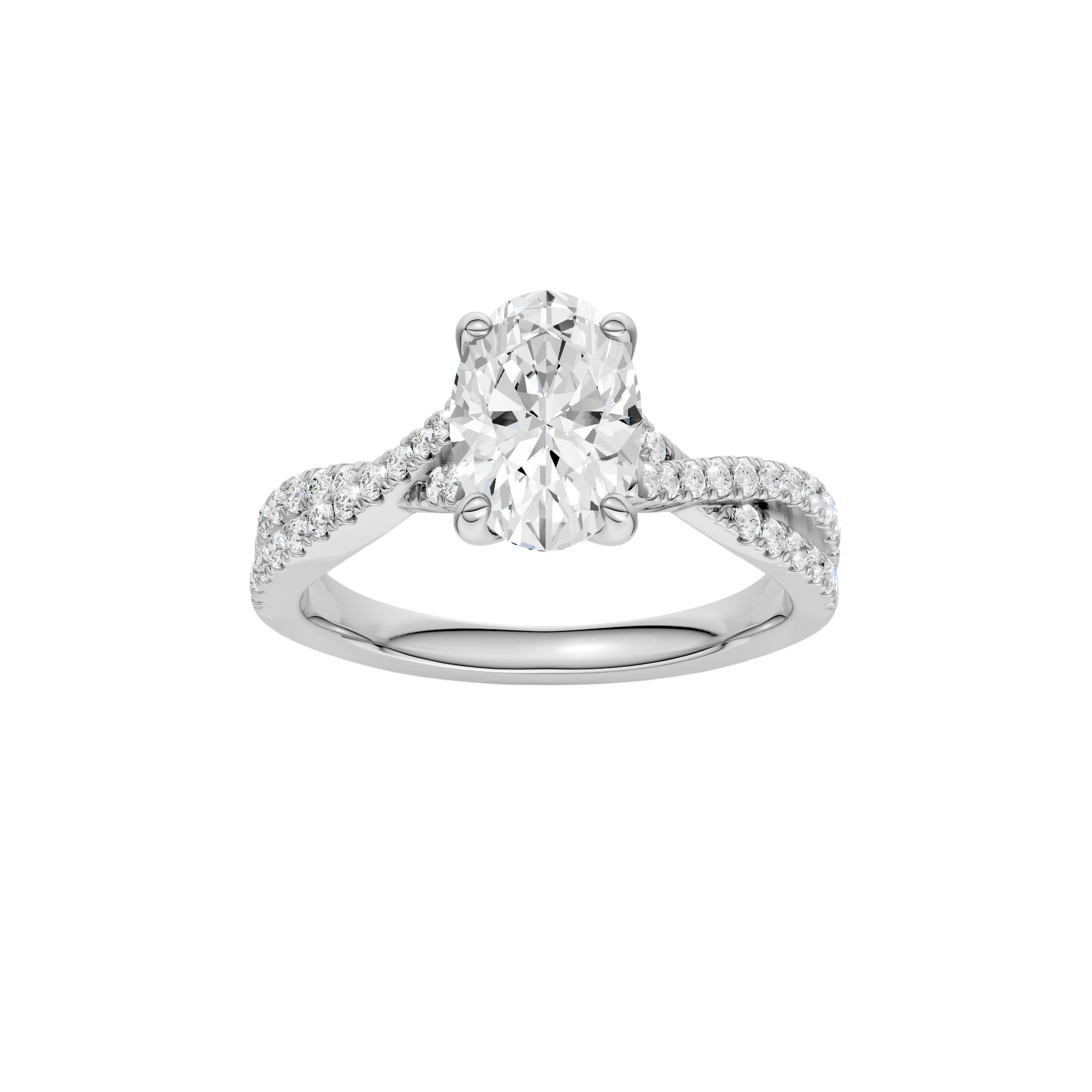 Oval-cut diamond engagement ring in 14k white gold with a prong-set diamond band and twist setting
