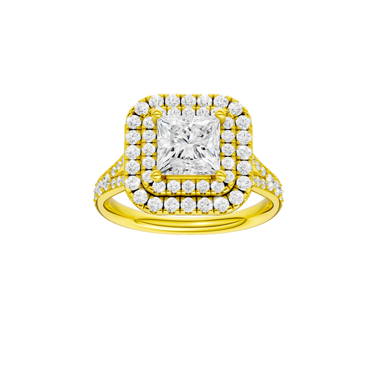 Princess-cut diamond engagement ring with a channel-set diamond band and double-halo setting.