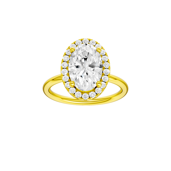 Oval-cut diamond engagement ring with a plain band and halo setting.