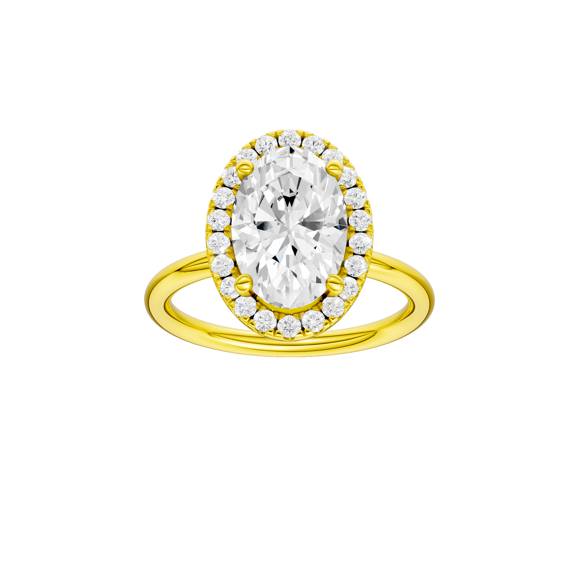 Oval-cut diamond engagement ring with a plain band and halo setting.